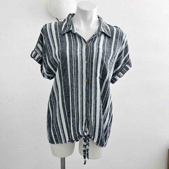 Ellen Tracy mariner tie front LINEN Shirt top Large Blue White Stripes ButtonS - Picture 2 of 13